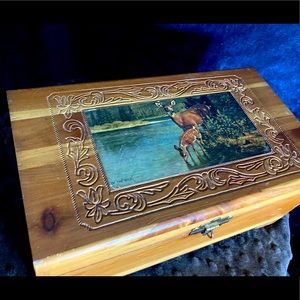 ￼Vintage Rustic Primitive Hand Carved Cedar Chest | Footed Jewelry Box